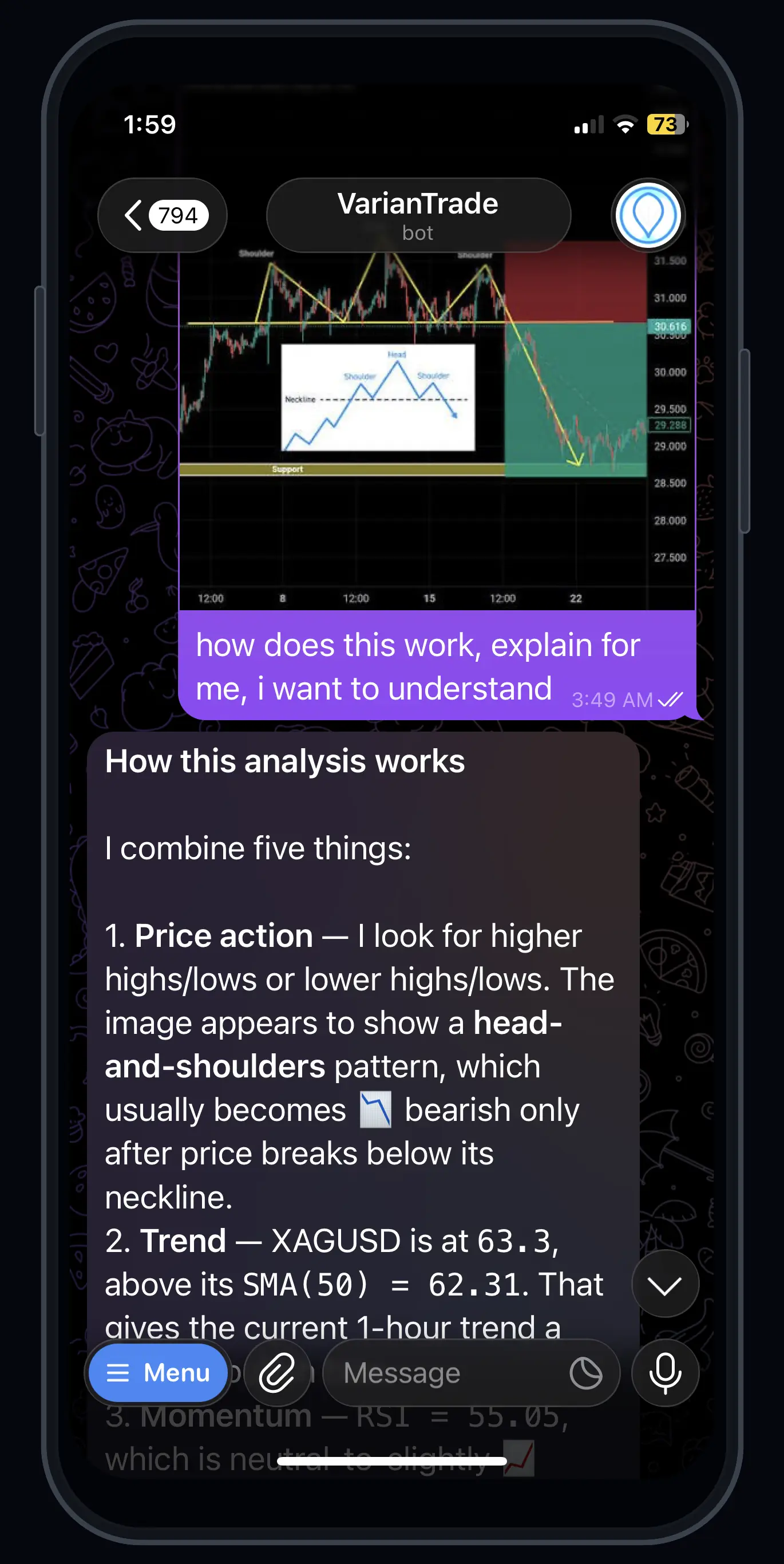 VarianTrade explaining price action, trend and momentum from an uploaded chart inside Telegram